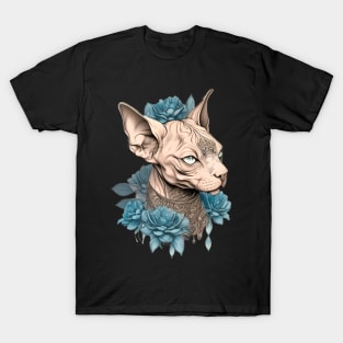 Sphynx Cat Paired with Blue Roses T-Shirt